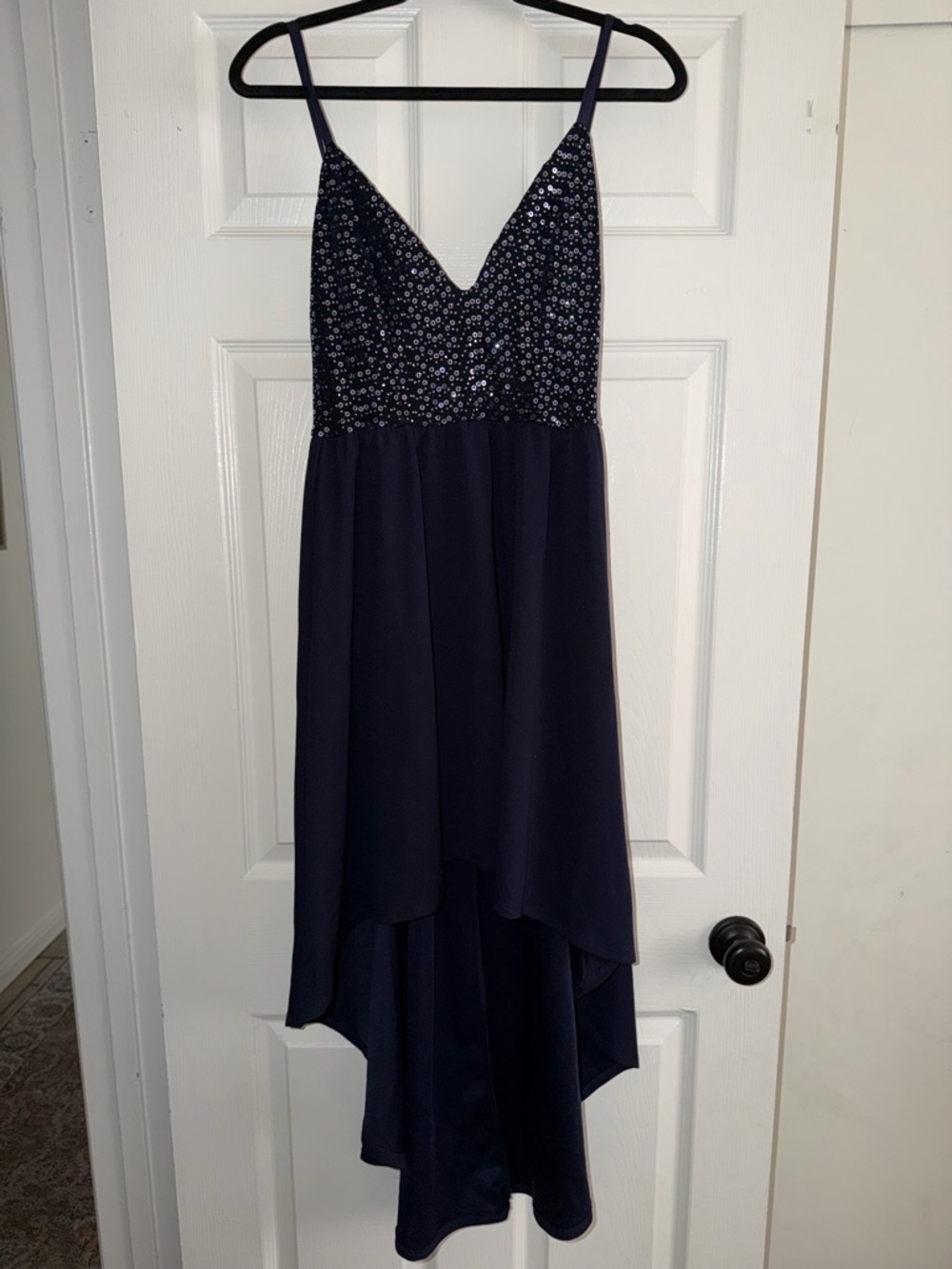 Navy Spaghetti-Strap High-Low Dress with Embellished Bodice
